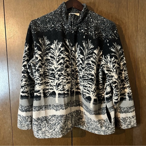 Tradition Women's Black White Grey Tree Pattern Fleece Zip-Up Jacket Sz L - Picture 2 of 11